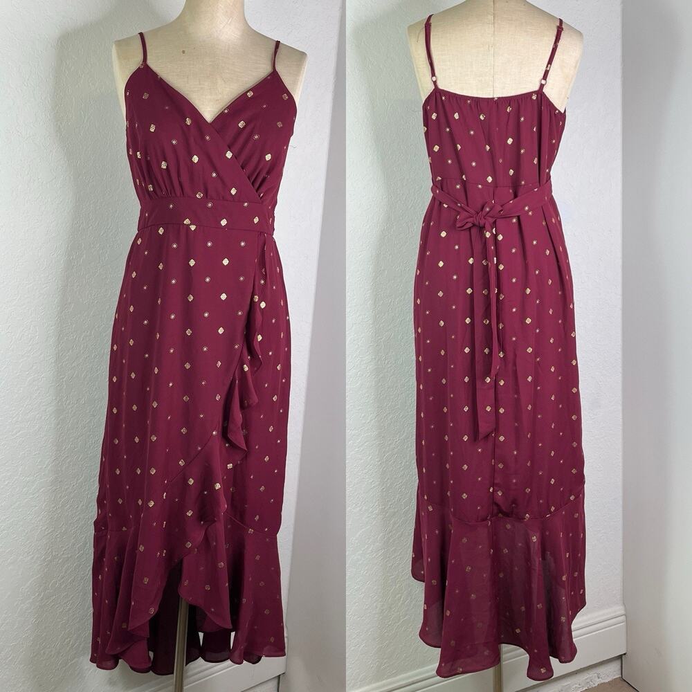 Evolutionary Burgundy Faux wrap long Dress Size M v-neck ruffle detail, feminine